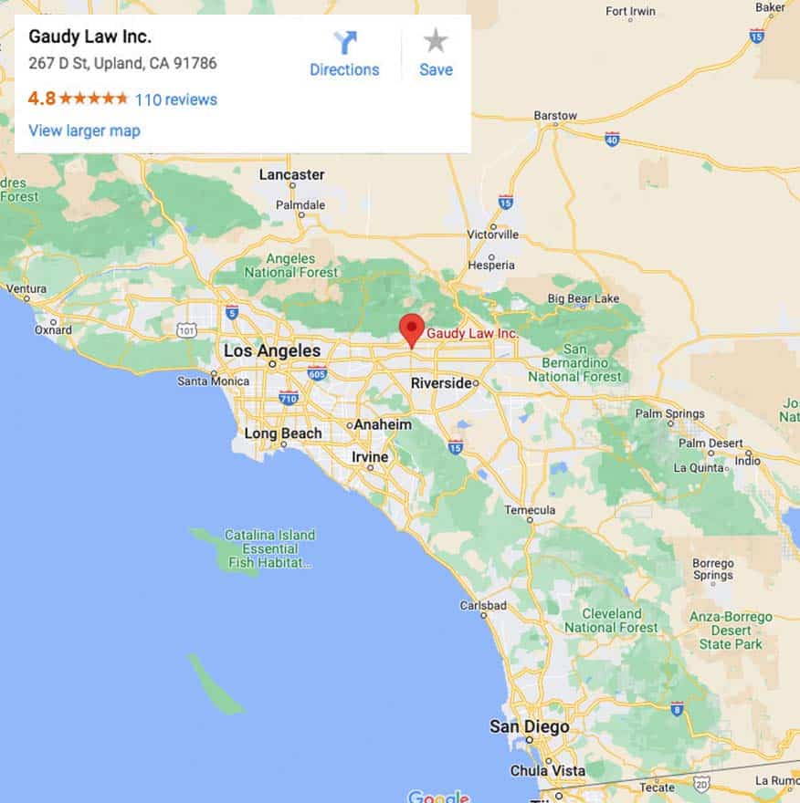 Map of Southern California Showing Gaudy Law's Location and 4.8 Reviews rating with 110 Reviews on Google.